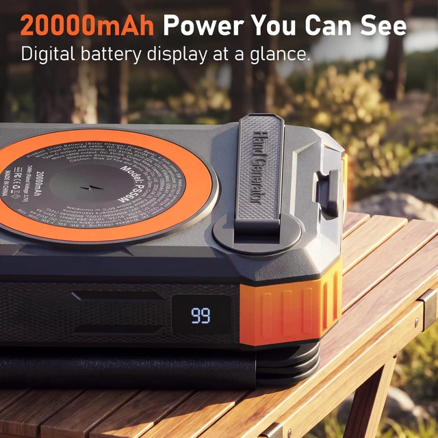 Alt view image 4 of 7 - SAKROA Solar Power Bank 20000mAh, 4-Panel Foldable Solar Charger with 4 Built-in Cables, 22.5W Fast Charging, 3-in-1 Magnetic Wireless Charging, Hand Crank and Flashlight for Camping