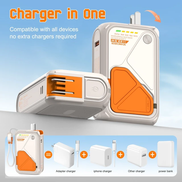 Alt view image 3 of 7 - SEANCHEER P05 Portable Charger, Magnetic Power Bank, Small Wireless PowerBank, Battery Pack 20000mAh Travel Essentials Fast Charging with Built in Cable, Foldable Wall Plug for iPhone,Samsung,Andriod