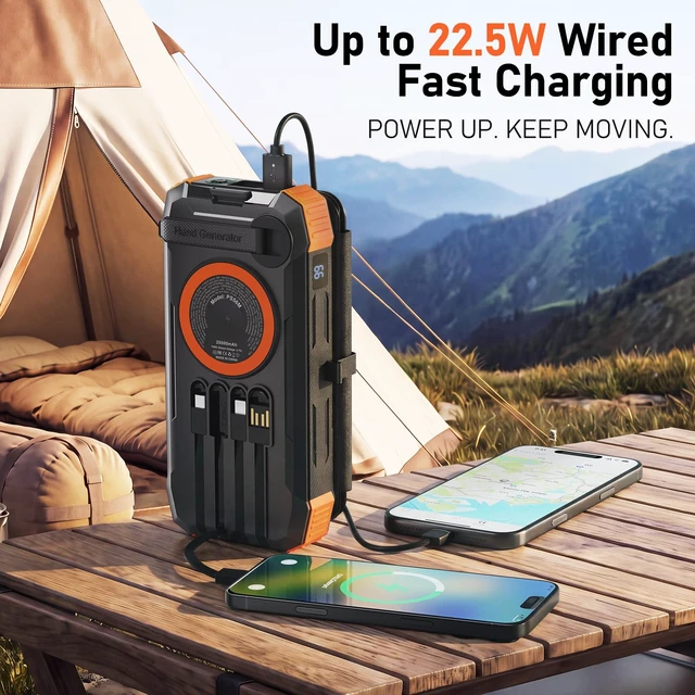 Alt view image 5 of 7 - SAKROA Solar Power Bank 20000mAh, 4-Panel Foldable Solar Charger with 4 Built-in Cables, 22.5W Fast Charging, 3-in-1 Magnetic Wireless Charging, Hand Crank and Flashlight for Camping