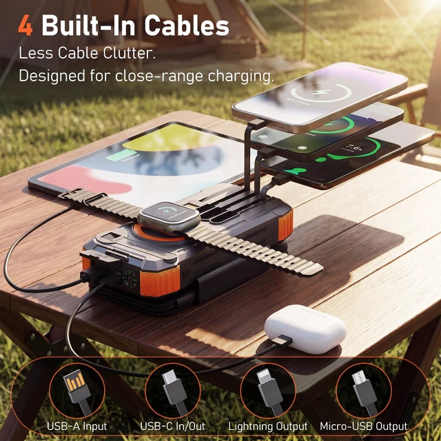 Alt view image 3 of 7 - SAKROA Solar Power Bank 20000mAh, 4-Panel Foldable Solar Charger with 4 Built-in Cables, 22.5W Fast Charging, 3-in-1 Magnetic Wireless Charging, Hand Crank and Flashlight for Camping