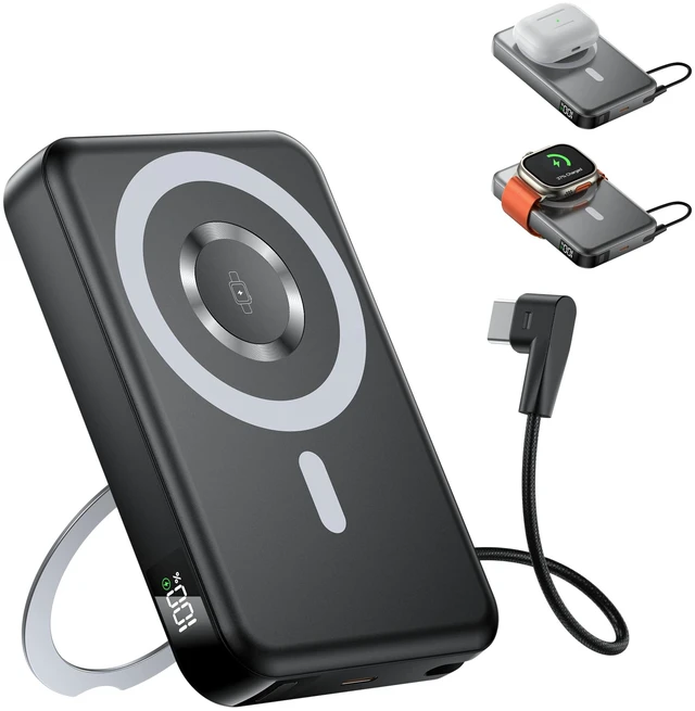 Main image of NOPBER Portable Charger 10000mAh Travel Magnetic Power Bank with 360° Stand 15W Wireless, 22.5W Built-in Cables, LED Display for iPhone 16/15/14/13, Galaxy S24, AirPods, Apple Watch (Black)