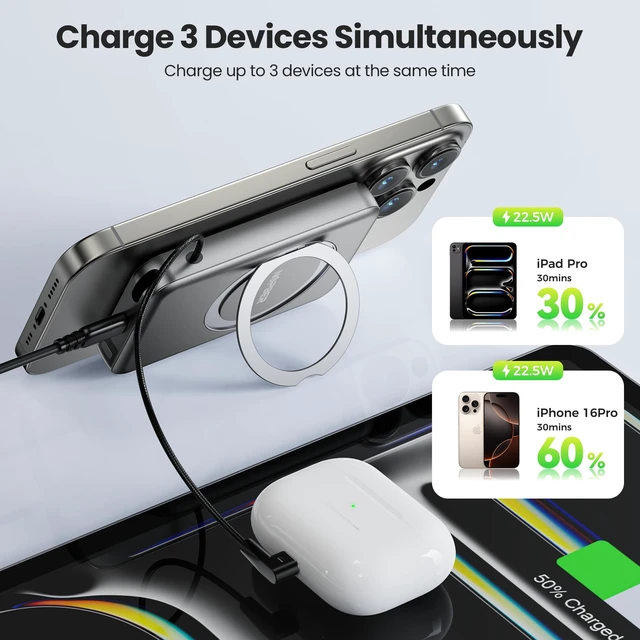 Alt view image 2 of 7 - NOPBER Portable Charger 10000mAh Travel Magnetic Power Bank with 360° Stand 15W Wireless, 22.5W Built-in Cables, LED Display for iPhone 16/15/14/13, Galaxy S24, AirPods, Apple Watch (Black)