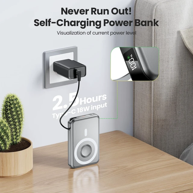 Alt view image 5 of 7 - NOPBER Portable Charger 10000mAh Travel Magnetic Power Bank with 360° Stand 15W Wireless, 22.5W Built-in Cables, LED Display for iPhone 16/15/14/13, Galaxy S24, AirPods, Apple Watch (Black)