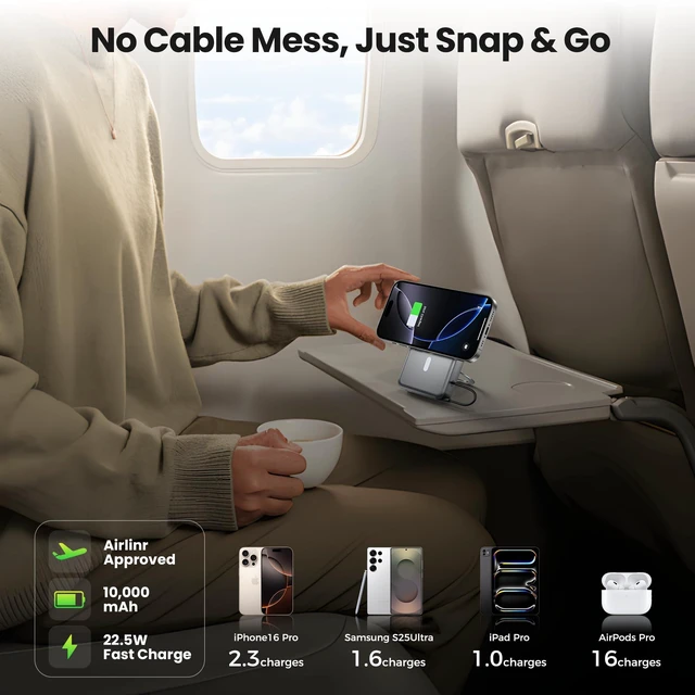 Alt view image 7 of 7 - NOPBER Portable Charger 10000mAh Travel Magnetic Power Bank with 360° Stand 15W Wireless, 22.5W Built-in Cables, LED Display for iPhone 16/15/14/13, Galaxy S24, AirPods, Apple Watch (Black)