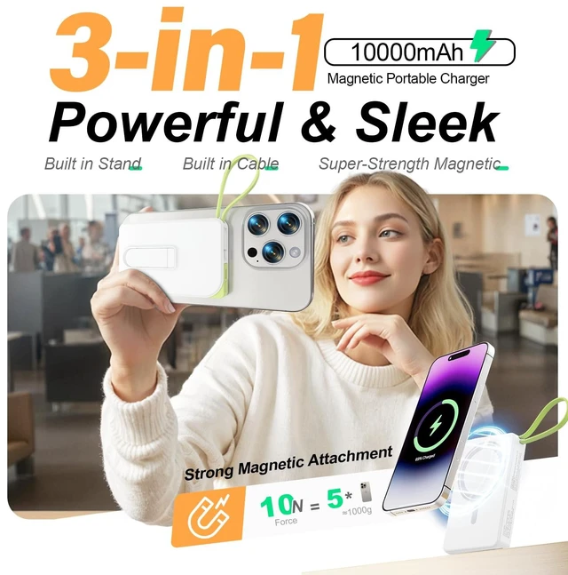 Alt view image 2 of 7 - Magnetic Wireless Portable Charger, 10000mAh Power Bank 22.5W Fast Charging with USB C Cable&Stand, Mag-Safe Battery Pack Compatible with iPhone 17/16/15/14/13 Series, Samsung, Android, and More