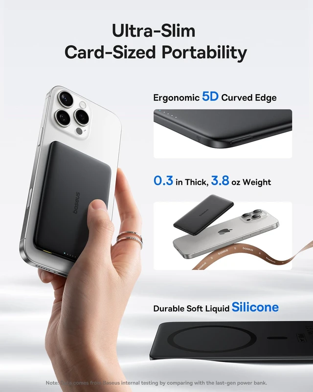 Alt view image 2 of 7 - Baseus Picogo Power Bank, 0.3" Ultra Slim 5000mAh MagSafe Portable Charger, Card-Size Magnetic Battery Pack with USB-C Braided Cable, Alloy Wireless Charger for iPhone 17 Pro Max/17 Air/16/15/14/13/12