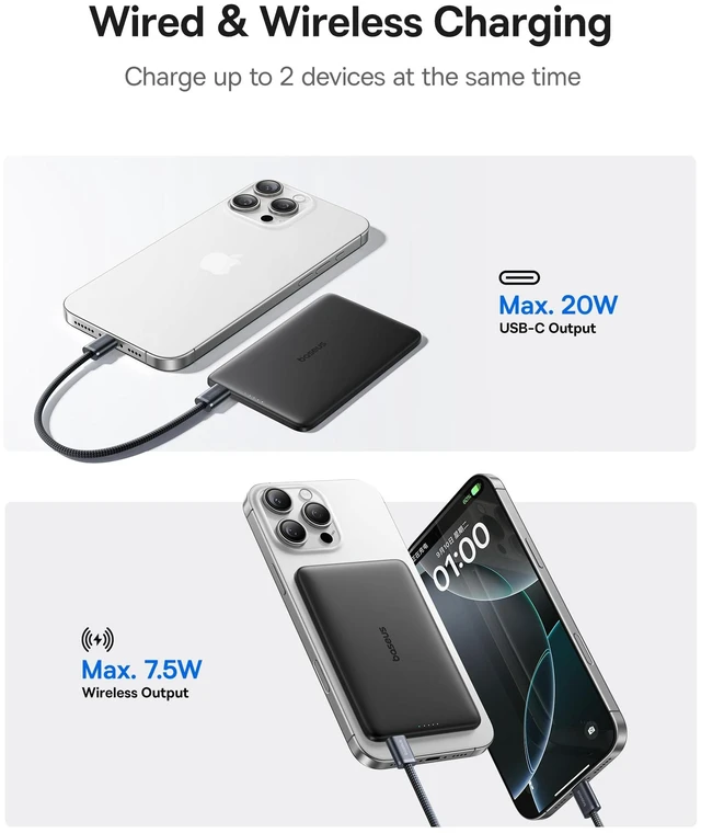 Alt view image 6 of 7 - Baseus Picogo Power Bank, 0.3" Ultra Slim 5000mAh MagSafe Portable Charger, Card-Size Magnetic Battery Pack with USB-C Braided Cable, Alloy Wireless Charger for iPhone 17 Pro Max/17 Air/16/15/14/13/12