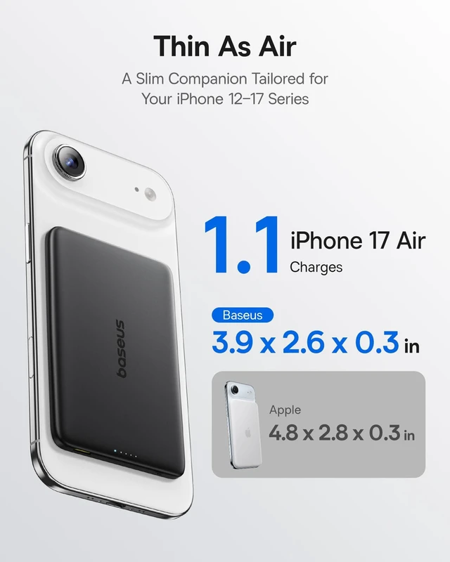 Alt view image 5 of 7 - Baseus Picogo Power Bank, 0.3" Ultra Slim 5000mAh MagSafe Portable Charger, Card-Size Magnetic Battery Pack with USB-C Braided Cable, Alloy Wireless Charger for iPhone 17 Pro Max/17 Air/16/15/14/13/12