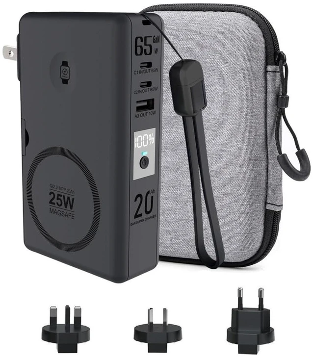 Main image of Heavy Duty Laptop Power Bank 65W 20000mAh Semi-Solid-State Magnetic AC Plug | GaN Fast Charging Portable Charger for MacBook iPhone Android AirPods, for iWatch MagSafe, EU UK AU Adapters, Travel Bag