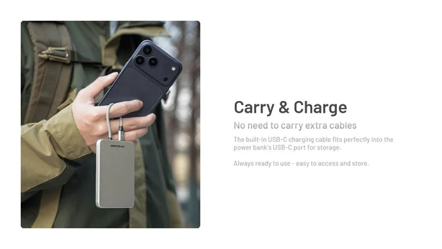 Alt view image 7 of 7 - Nitecore POCKET 5 5000mAh Magnetic Power Bank with Built-In Cable (Blue) | 22.5W USB-C Fast Charging, Magnetic Snap-On Design, 9mm Thin, Dual Device Charging, IPX7 Waterproof