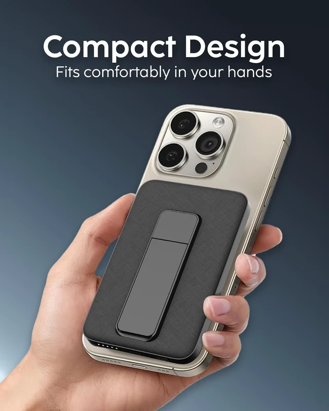 Alt view image 2 of 6 - myCharge CliqLuxe Magnetic Wireless Power Bank 5,000mAh | iPhone & MagSafe Compatible | Qi2.2 25W Mag Safe Portable Charger | Built-in Stand | 20W PD USB-C Port | Premium Black Fabric