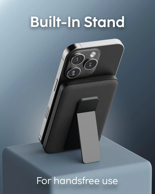 Alt view image 4 of 6 - myCharge CliqLuxe Magnetic Wireless Power Bank 5,000mAh | iPhone & MagSafe Compatible | Qi2.2 25W Mag Safe Portable Charger | Built-in Stand | 20W PD USB-C Port | Premium Black Fabric
