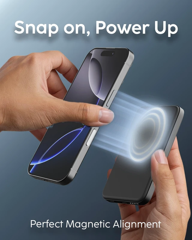 Alt view image 3 of 6 - myCharge CliqLuxe Magnetic Wireless Power Bank 5,000mAh | iPhone & MagSafe Compatible | Qi2.2 25W Mag Safe Portable Charger | Built-in Stand | 20W PD USB-C Port | Premium Black Fabric