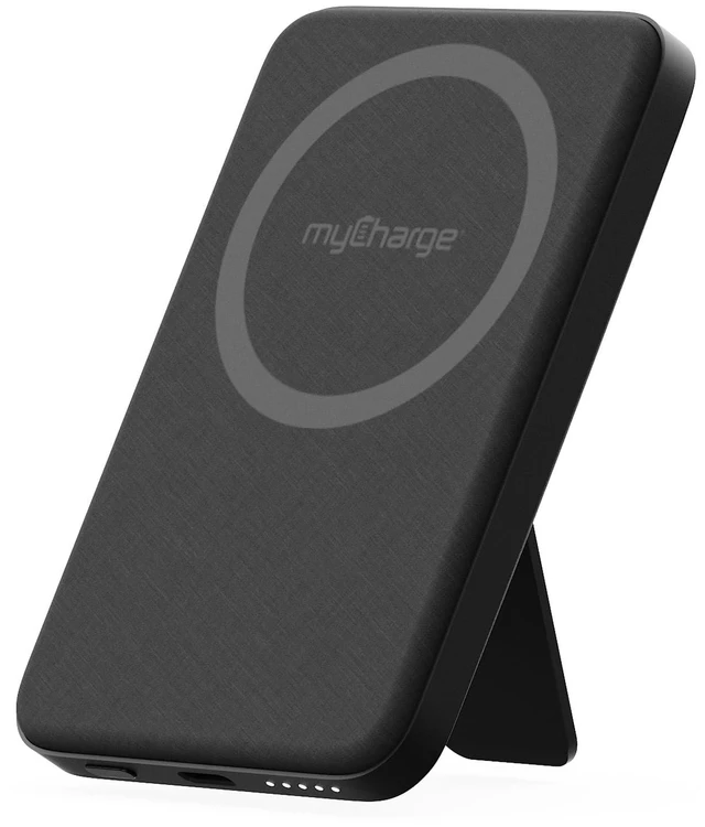 Main image of myCharge CliqLuxe Magnetic Wireless Power Bank 5,000mAh | iPhone & MagSafe Compatible | Qi2.2 25W Mag Safe Portable Charger | Built-in Stand | 20W PD USB-C Port | Premium Black Fabric