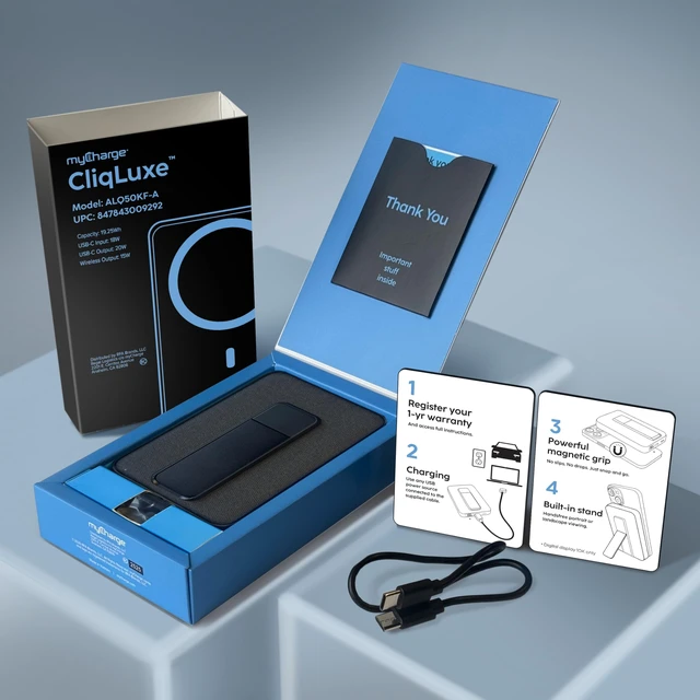 Alt view image 6 of 6 - myCharge CliqLuxe Magnetic Wireless Power Bank 5,000mAh | iPhone & MagSafe Compatible | Qi2.2 25W Mag Safe Portable Charger | Built-in Stand | 20W PD USB-C Port | Premium Black Fabric