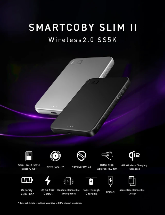 Alt view image 3 of 7 - CIO SMARTCOBY SLIM II Wireless 2.0 SS5K 5000mAh Power Bank (Silver) | Safe, lightweight, travel-friendly, Qi2 15W fast charging, semi-solid safety technology, 8.7mm thin, for iPhone