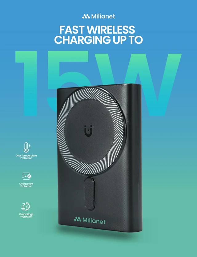 Alt view image 3 of 7 - Milianet Magnetic Power Bank with Built-in Stand for iPhone | 10000mAh MagSafe-Compatible Wireless Charger, 15W Fast Charging, USB-C PD, 3-in-1 Cable