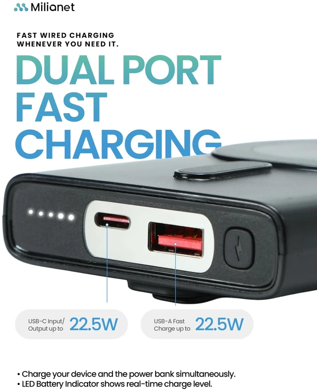 Alt view image 6 of 7 - Milianet Magnetic Power Bank with Built-in Stand for iPhone | 10000mAh MagSafe-Compatible Wireless Charger, 15W Fast Charging, USB-C PD, 3-in-1 Cable