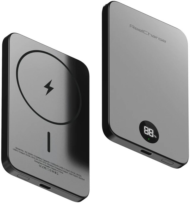Main image of ReelCharge ReelSafe 5,000mAh Semi-Solid State Wireless Power Bank | 20W USB C Output, LED Battery Display, Battery Pack for Iphone 17, Samsung S26, ipad, USB-C cable included