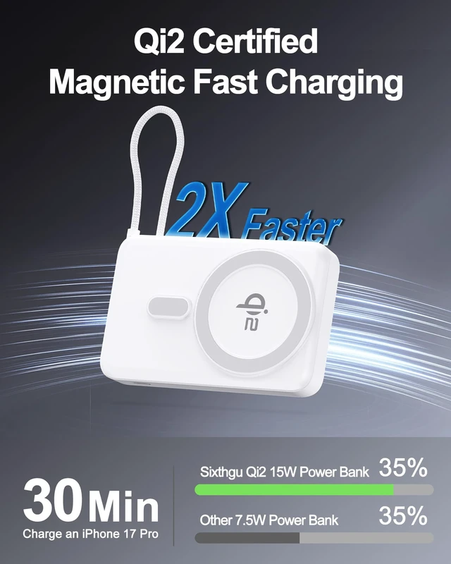 Alt view image 2 of 7 - SIXTHGU PowerMag 10000mAh Qi2 Certified Power Bank, Magnetic Wireless Portable Charger for MagSafe, 35W USB-C Fast Charging Battery Pack with Built-in Cable, Compatible with iPhone 17/16/15/14/13/12