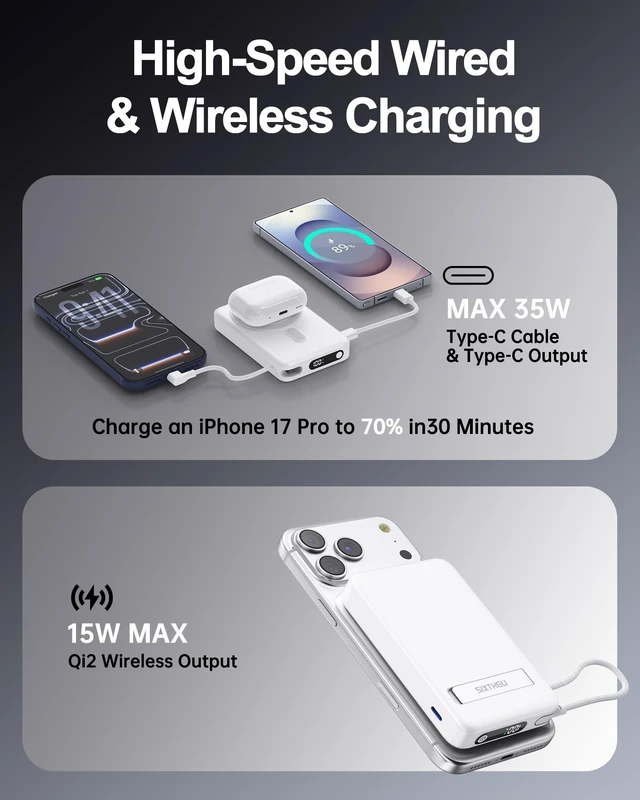 Alt view image 3 of 7 - SIXTHGU PowerMag 10000mAh Qi2 Certified Power Bank, Magnetic Wireless Portable Charger for MagSafe, 35W USB-C Fast Charging Battery Pack with Built-in Cable, Compatible with iPhone 17/16/15/14/13/12