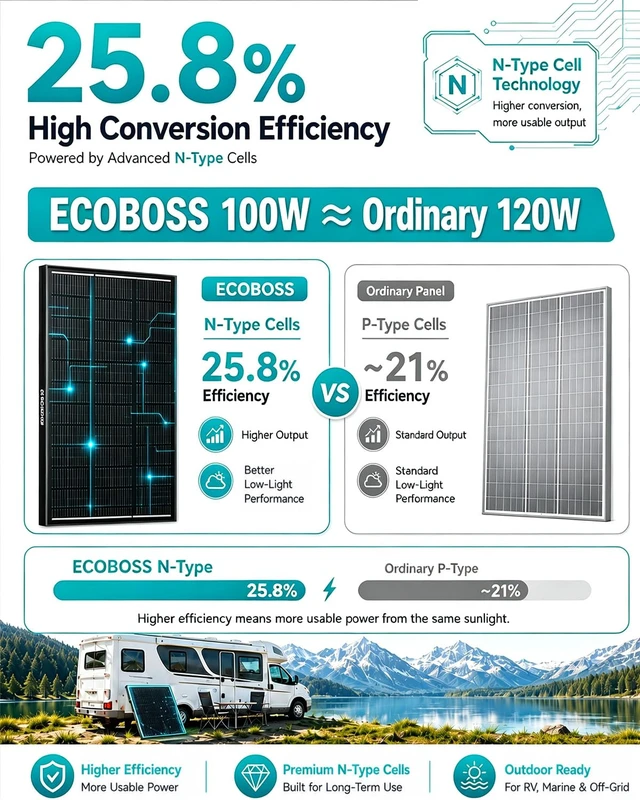 Alt view image 3 of 7 - ECOBOSS 100W TÜV Certification Solar Panel, N-Type 16BB 25.8% Efficiency | 100 Watt Solar Panels Monocrystalline Modules for 12V Off-Grid Systems, Trailers, Campers, Boats, Farms, Cabins and Rooftops