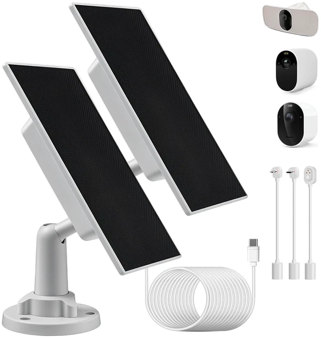 Main image of AVEXOR 2 Pack Solar Panel Charger for Arlo Cameras, w/Energy Buffer | Compatible with Arlo Pro 5S/4/3, Essential Series, Ultra Series, Go2, Wireless Floodlight Cameras, Weather Resistant