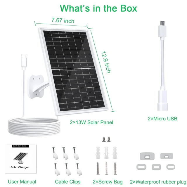 Alt view image 6 of 6 - FUTUREZEN 13W Solar Panel for Eufycam 2C/2C Pro/2/2 Pro/E20/E40/E, 2 Pack | 5V Solar Charger with USB and USB-C ports, 5 rubber plugs, IP66 Waterproof, 360° Adjustable Mount, 7.2ft Charging Cable