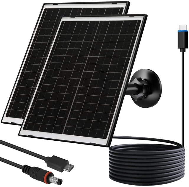 Main image of Zivif 10W 5V Solar Panel for Security Camera, USB-C, Micro USB, DC, 2 Pack | glass panel, 5.5x2.1mm DC output, IP66 waterproof, 360° adjustable mount, 7.2ft cable