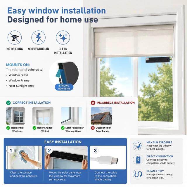 Alt view image 4 of 7 - Solar Panels 5W 5V Charge for Motorized Blinds with USB-C Connector | Powers Smart Blinds, RV Shades & DIY Automation, Lithium Battery Operated Shades