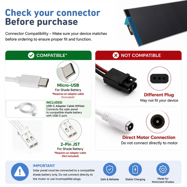 Alt view image 5 of 7 - Solar Panels 5W 5V Charge for Motorized Blinds with USB-C Connector | Powers Smart Blinds, RV Shades & DIY Automation, Lithium Battery Operated Shades