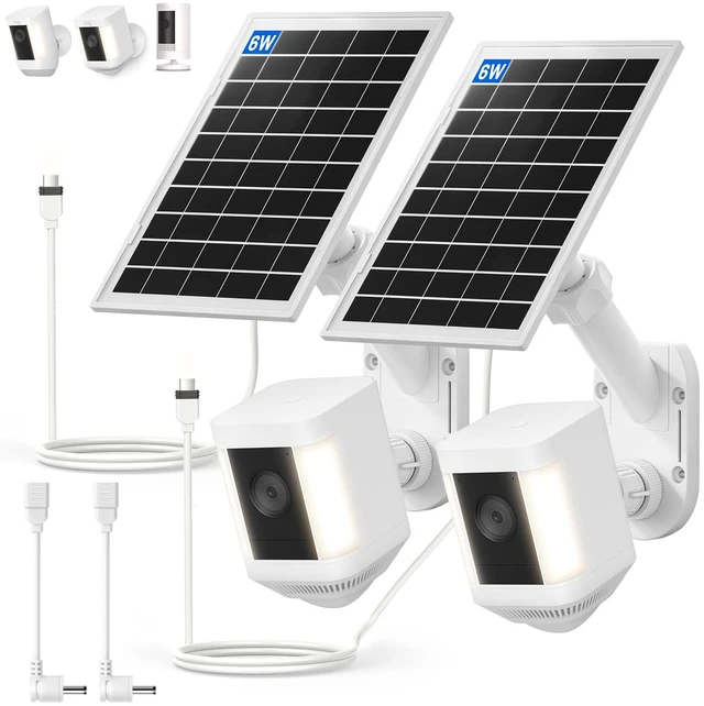 Main image of Solar Panel and 2-in-1 Wall Mount for Ring Cam, 6W Solar Charger Compatible with R-ing Spotlight Pro/Plus & Stick Up Cam Battery Models, Weatherproof Cable with USB-C and Ring Barrel Plug-2 Pack