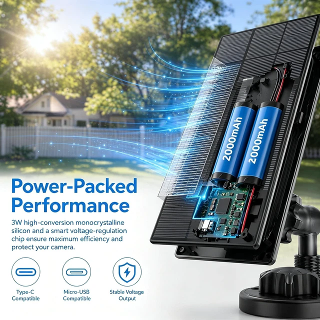 Alt view image 2 of 7 - Solar Panel with 4000mAh Battery for Blink Camera Type-C & Micro USB Port | 3W 5V Solar Panel Charger Compatible with Blink Outdoor 4/3/XT2,IP65,13.12ft Charging Cable,360°Adjustable Wall Moun