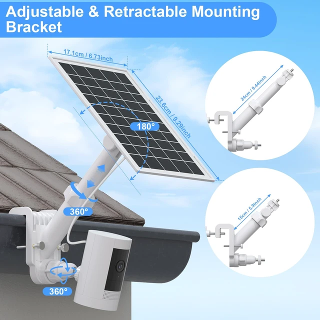 Alt view image 3 of 7 - 7W Solar Panel and Gutter Mount for Ring Cameras, 360° Adjustable Waterproof Compatible with Ring Stick Up Cam/Pro, Outdoor Cam Plus Battery, Spotlight Cam Plus/Pro, 2 Pack (Camera Not Included)