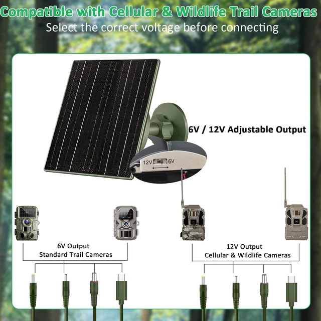 Alt view image 2 of 7 - FUTUREZEN 10W Solar Panel Charger with 10400mAh Battery for Trail Cameras | 6V and 12V adjustable output, USB-C, DC5.5×2.1mm, DC3.5×1.35mm, DC4.0×1.7mm, IP66 waterproof, 9.8ft cable