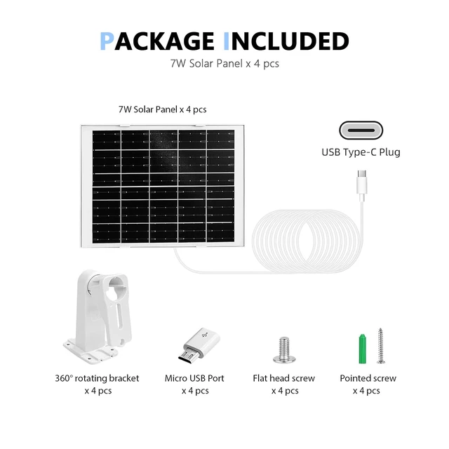 Alt view image 6 of 6 - NEVOWDBSG 4 Pack 5V 8W Cam Solar Panel Charger Compatible Arlo Essential 2K 2nd Gen 3rd, Arlo Pro 6th Gen 2025 Release, Roku Battery Camera & Roku Cam Plus & More USB Type C Outdoo Security Camera