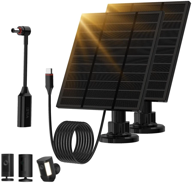 Main image of 5W Solar Panel for Ring Camera Waterproof | USB-C&DC Adapter, 2Pack Black | 360°Adjustable Solar Panel Charger, High Efficiency for Spotlight Cam Pro/Plus, Outdoor Cam Stick Up Cam, 10FT Long Cable
