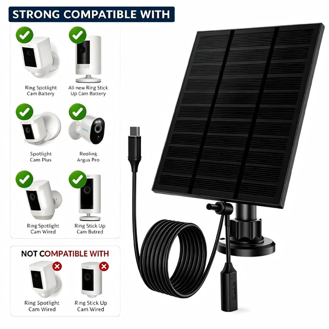 Alt view image 4 of 7 - 5W Solar Panel for Ring Camera Waterproof | USB-C&DC Adapter, 2Pack Black | 360°Adjustable Solar Panel Charger, High Efficiency for Spotlight Cam Pro/Plus, Outdoor Cam Stick Up Cam, 10FT Long Cable