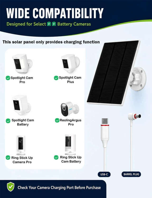 Alt view image 2 of 7 - Solblo 5W Solar Panels for Ring Camera Outdoor Waterproof USB C & DC 5V 1A | Works in Cloudy and Rainy,Easy Install,Fast Charge,IP65 Waterproof ,Compatible for Rechargeable Camera with Battery