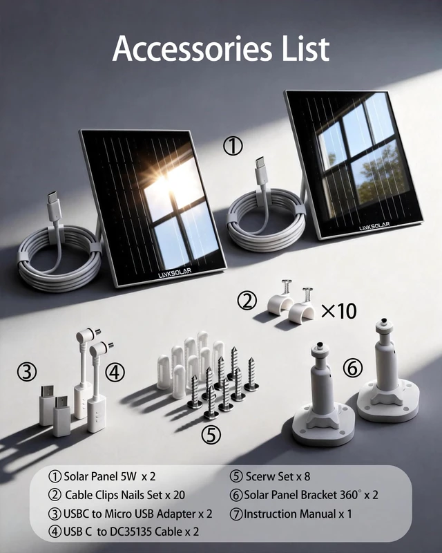 Alt view image 7 of 7 - LinkSolar Dual 5W Solar Panels for Ring Camera, All-in-1 Glass Solar Charger for Outdoor Stick Up Battery Home Security Camera, Micro USB/ DC/ USB-C Port, 9.8ft Cable, 360°Adjustable Bracket