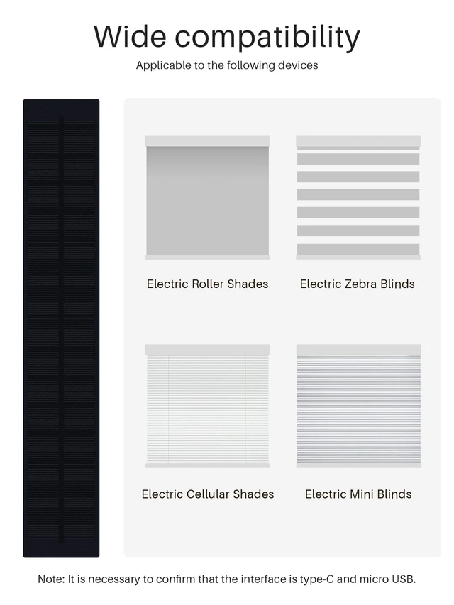 Alt view image 7 of 7 - 3.6W 5V Solar Panel for Motorized Blinds and Shades, Indoor Use | 720mA Output with Micro USB Adapter, Connector for Alexa Smart Roller Shades, Zebra Blinds, Cellular shades and Roman Shades