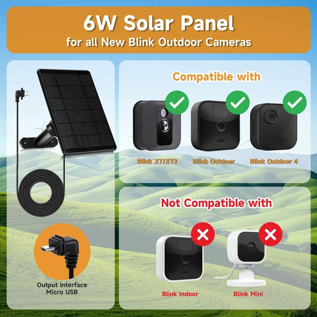 Alt view image 2 of 7 - 4 Pack Solar Panel for Blink Outdoor 2K+/4(4th Gen)/Outdoor(3rd Gen) XT3 | for XT2/XT Camera,6W Solar Charger for Blink with 360° Adjustable Mount 5.9in to 8.7in,10ft Outdoor Power Cable,Waterproof
