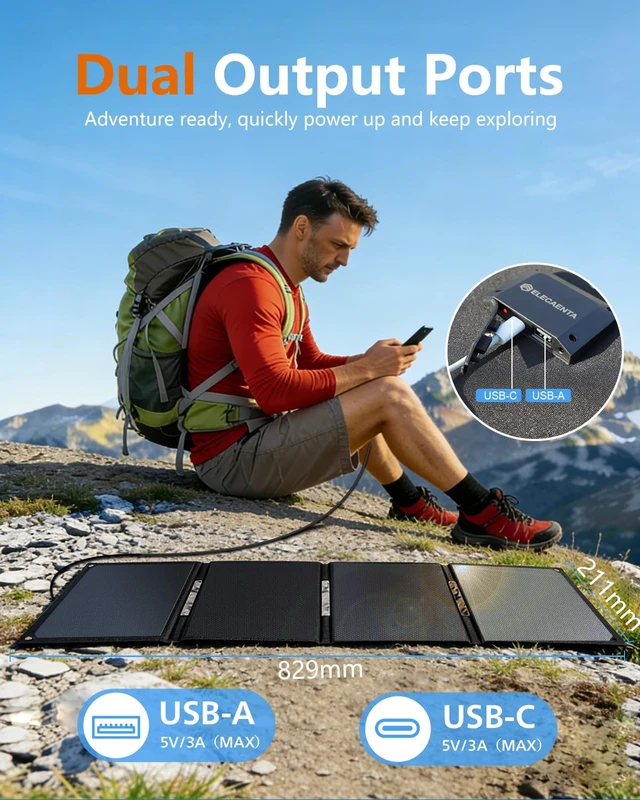 Alt view image 5 of 7 - ELECAETNA 30W HPBC Portable Solar Panel, 25.4% Conversion, 1.1 lbs, IP68 | USB C & USB QC3.0 Fast Charging, Ultra Light Foldable Solar Charger for Cellphones Tablet Camping Backpacking Hiking