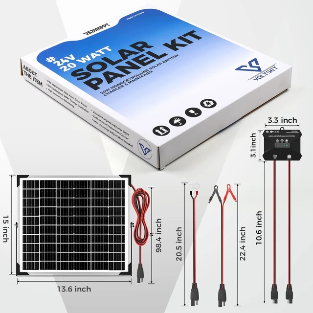 Alt view image 7 of 7 - Voltset 20W 24V Solar Panel Battery Maintainer Charger Kit with Controller | Up to 23% Module Efficiency|IP67 Controller|360°Adjustable Bracket|LED Indicators|LiFePO4 & Lead-Acid Compatible