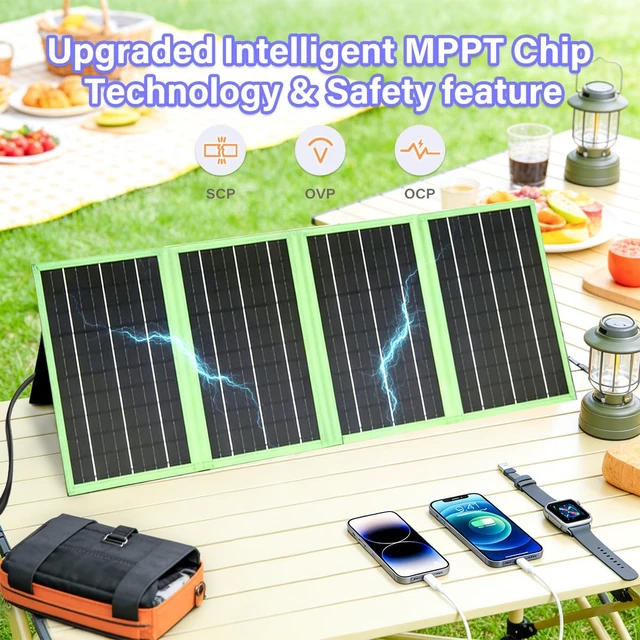 Alt view image 4 of 7 - 60W Portable Solar Panel Charger with USB-C, USB-A, DC Port, GOLUMU Outdoor IP67 Waterproof Foldable Solar Phone Charger for Camping Hiking Backpacking High Efficiency Cellphones Tablets Fast Charging