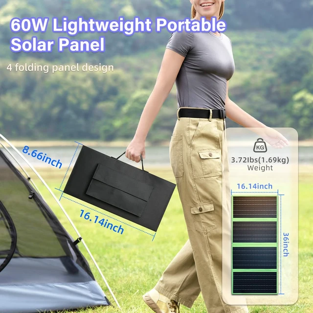 Alt view image 5 of 7 - 60W Portable Solar Panel Charger with USB-C, USB-A, DC Port, GOLUMU Outdoor IP67 Waterproof Foldable Solar Phone Charger for Camping Hiking Backpacking High Efficiency Cellphones Tablets Fast Charging