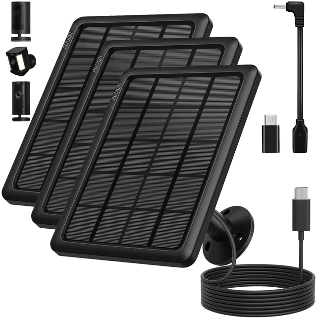 Main image of 3-Pack 4W Solar Panel for Ring Outdoor Cameras Keeps Battery Charged | Compatible with Stick Up Cam/Plus Battery, Spotlight Cam Plus/Pro Battery, USB-C/DC/Micro Adapters, IP65 Weatherproof, Black