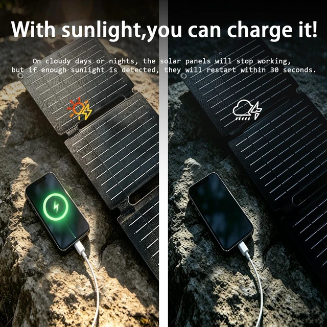 Alt view image 5 of 7 - 30W Quad-Fold Portable Solar Panel, 2.0lb Monocrystalline Solar Charger with USB-A, USB-C &18V DC Output, for Camping, Hiking, Backpacking, iPhone, Android & Small Power StationsBullet Points