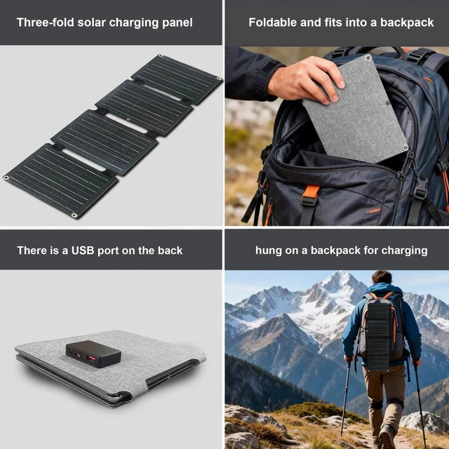 Alt view image 6 of 7 - 30W Quad-Fold Portable Solar Panel, 2.0lb Monocrystalline Solar Charger with USB-A, USB-C &18V DC Output, for Camping, Hiking, Backpacking, iPhone, Android & Small Power StationsBullet Points