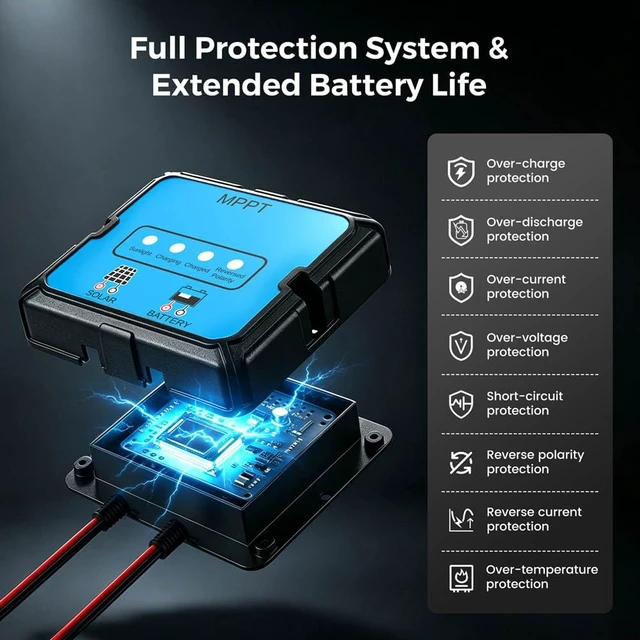 Alt view image 2 of 7 - 12V 20W Smart MPPT Solar Battery Charger Trickle Tender Maintainer, IP68 Waterproof Solar Panel Kit with Adjustable Mount Bracket, for Cars RVs Boats Motorcycles Trucks